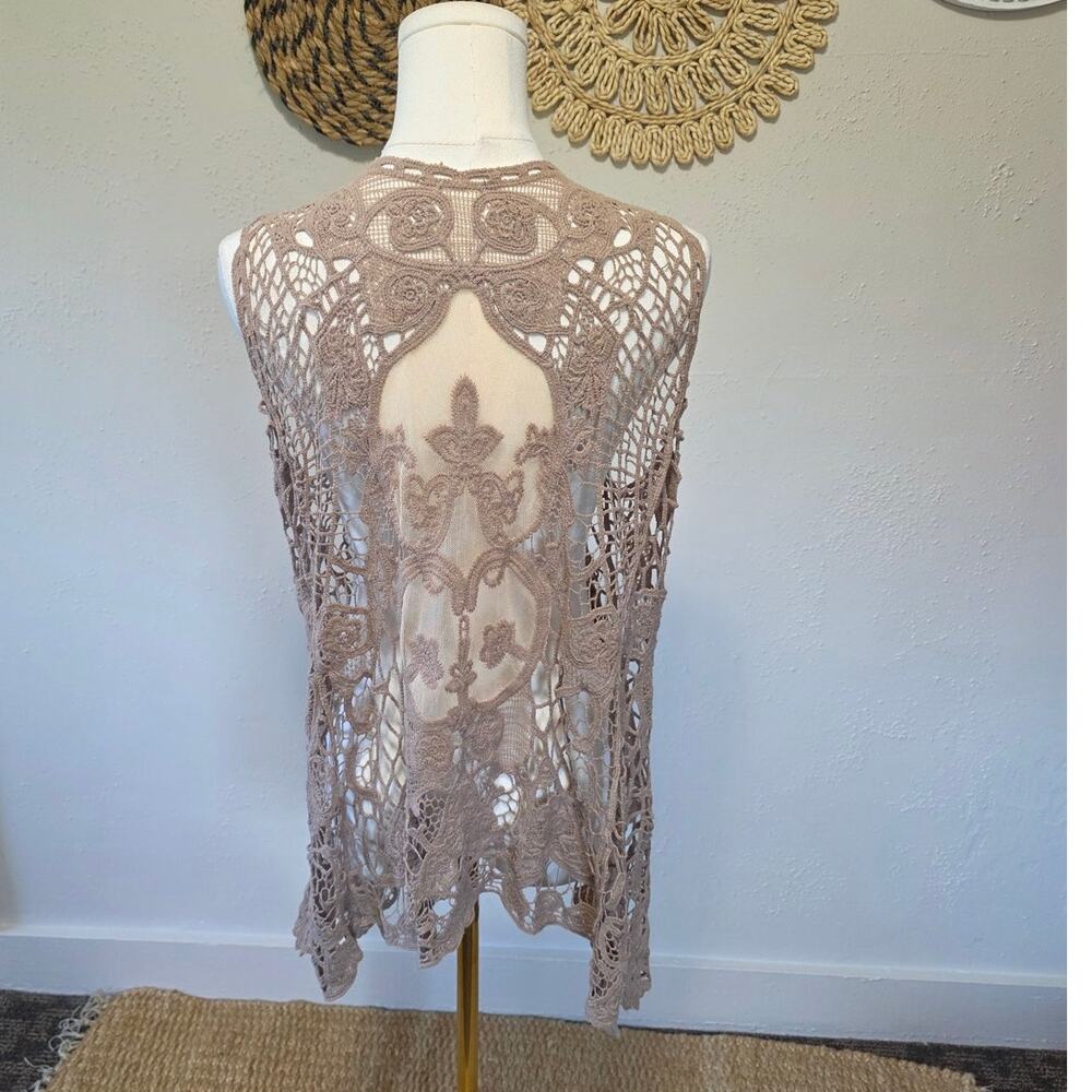 Jastie Mocha Beige Crochet Festival Asymmetrical Open Front Cardigan Womens OS